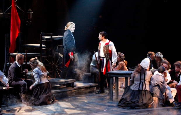 Will Ray (Jean Valjean), Steve Czarnecki (Enjolras), and the company of North shore Music Theatre's production of LES MISÉRABLES playing October 28 thru November 16. Photo by Paul Lyden 